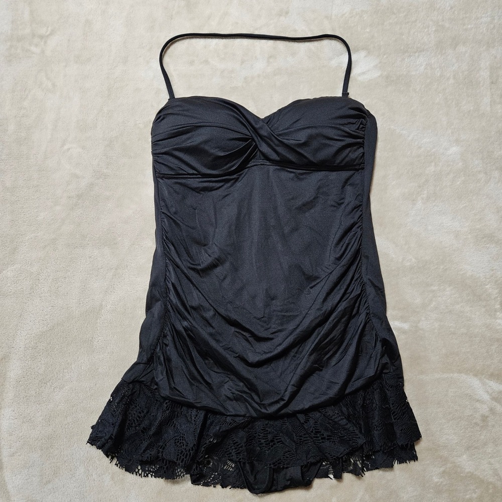 Apt. 9 Womens Black Ruched Lace Trim Swim Dress One Piece Swimsuit Medium